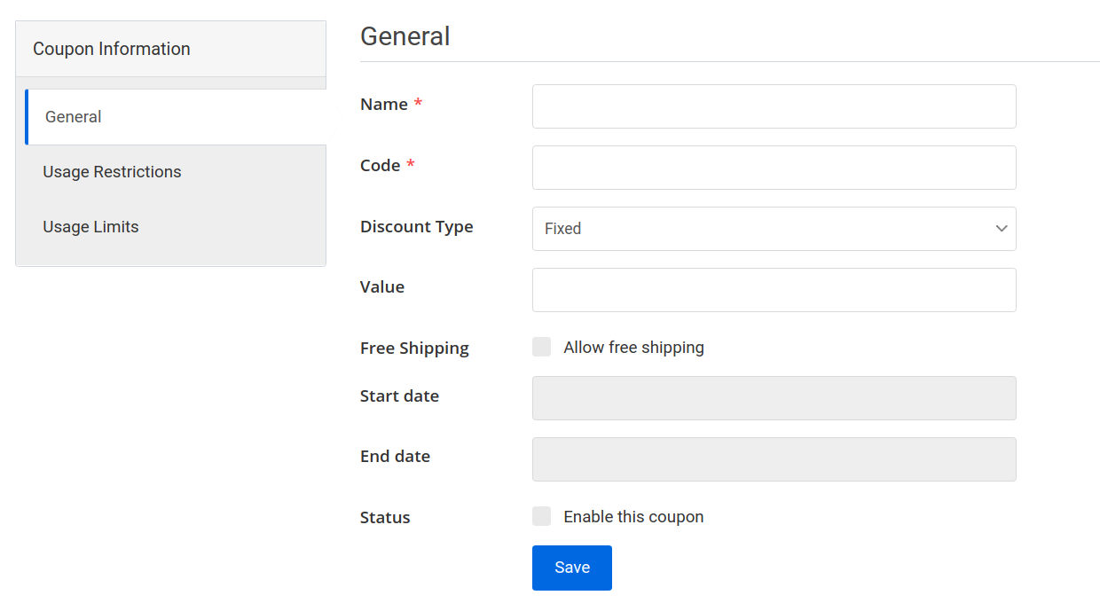 coupon create page general tab