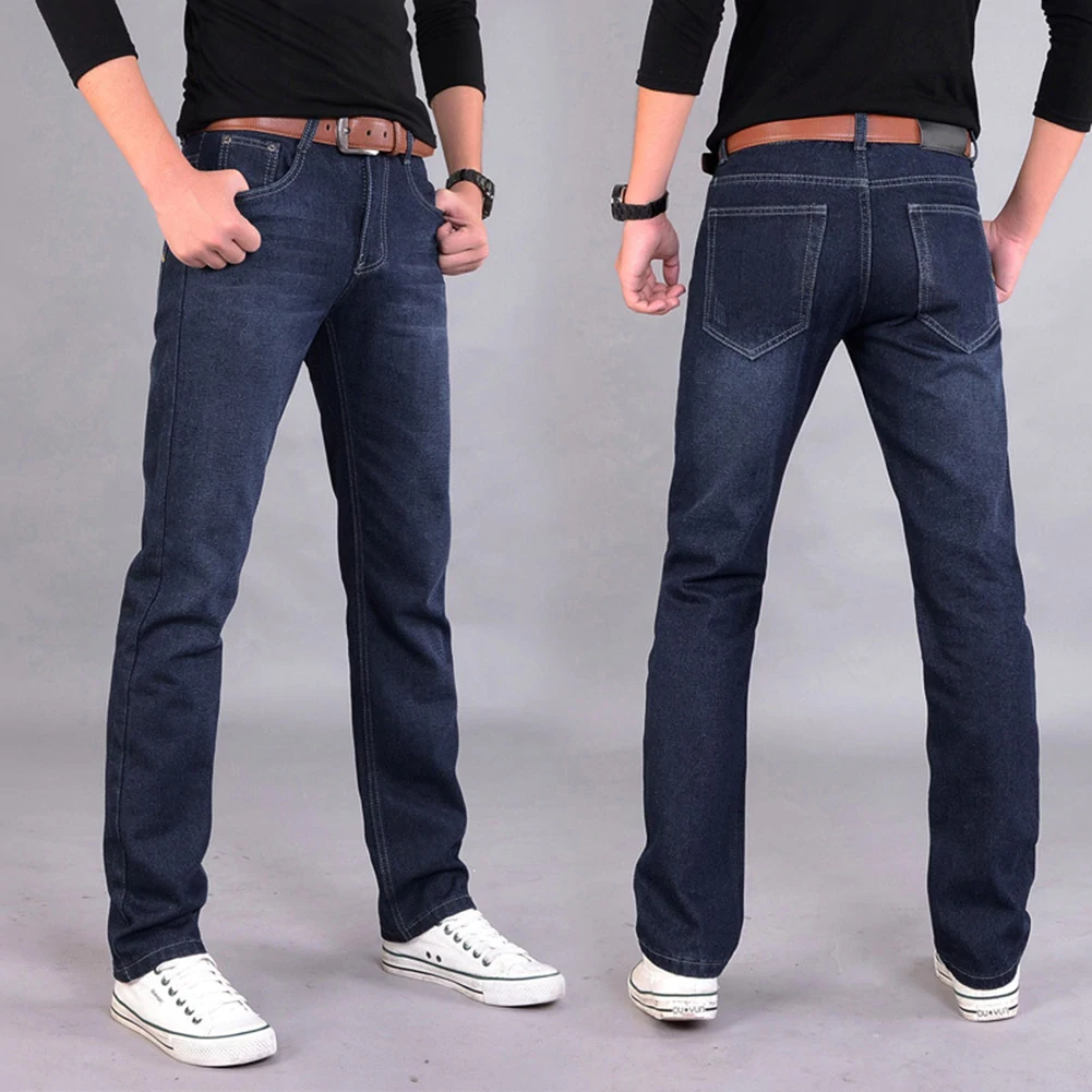 Classic Men Casual Mid-Rise Straight Slim Denim Jeans Youth Long Pants